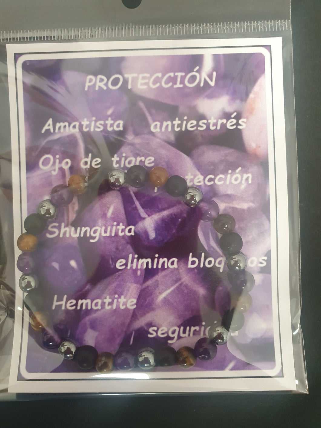 Pulsera PROTECCION Amatista- Ojo de tigre-Shunguita y Hematite 6 mm