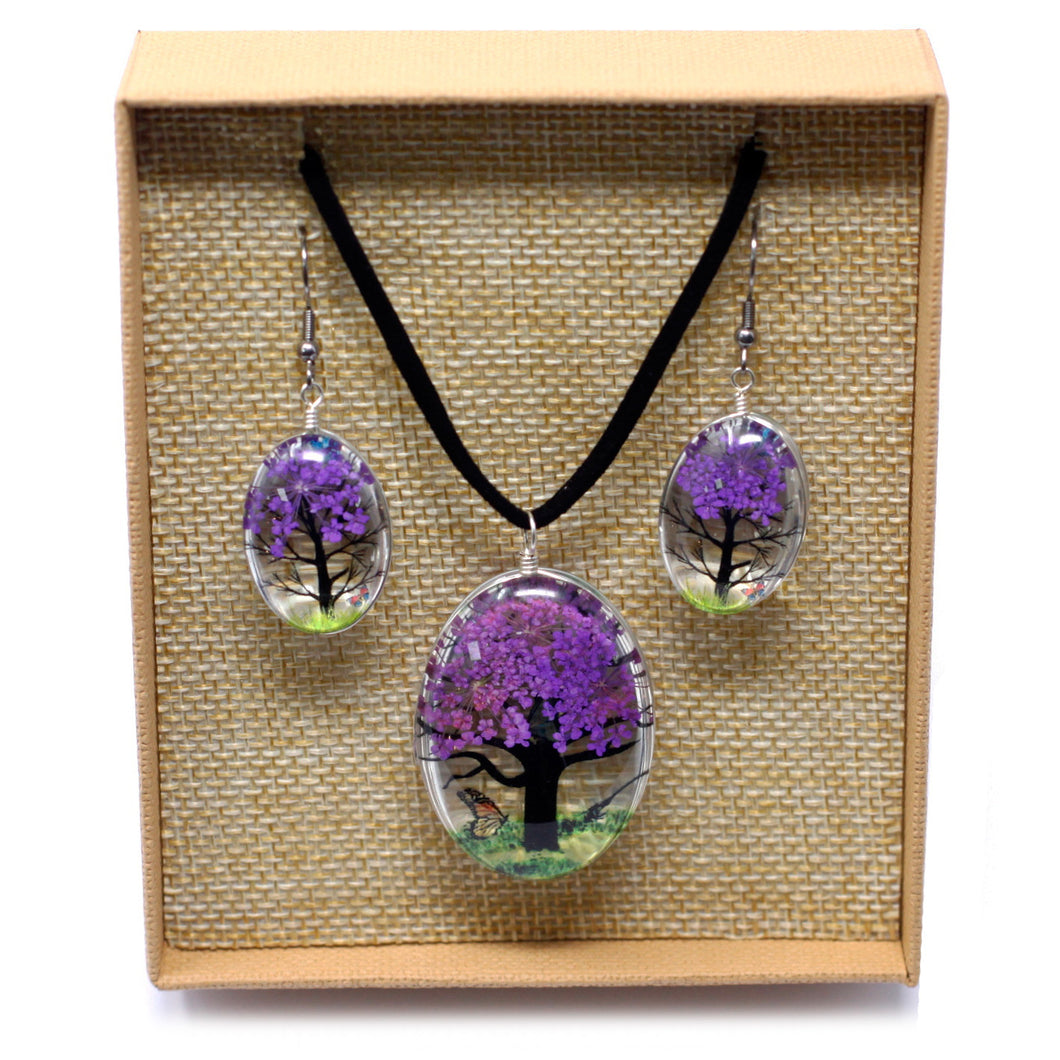 Pressed Flowers Tree of Life Pendant and Earrings Set LAVENDER