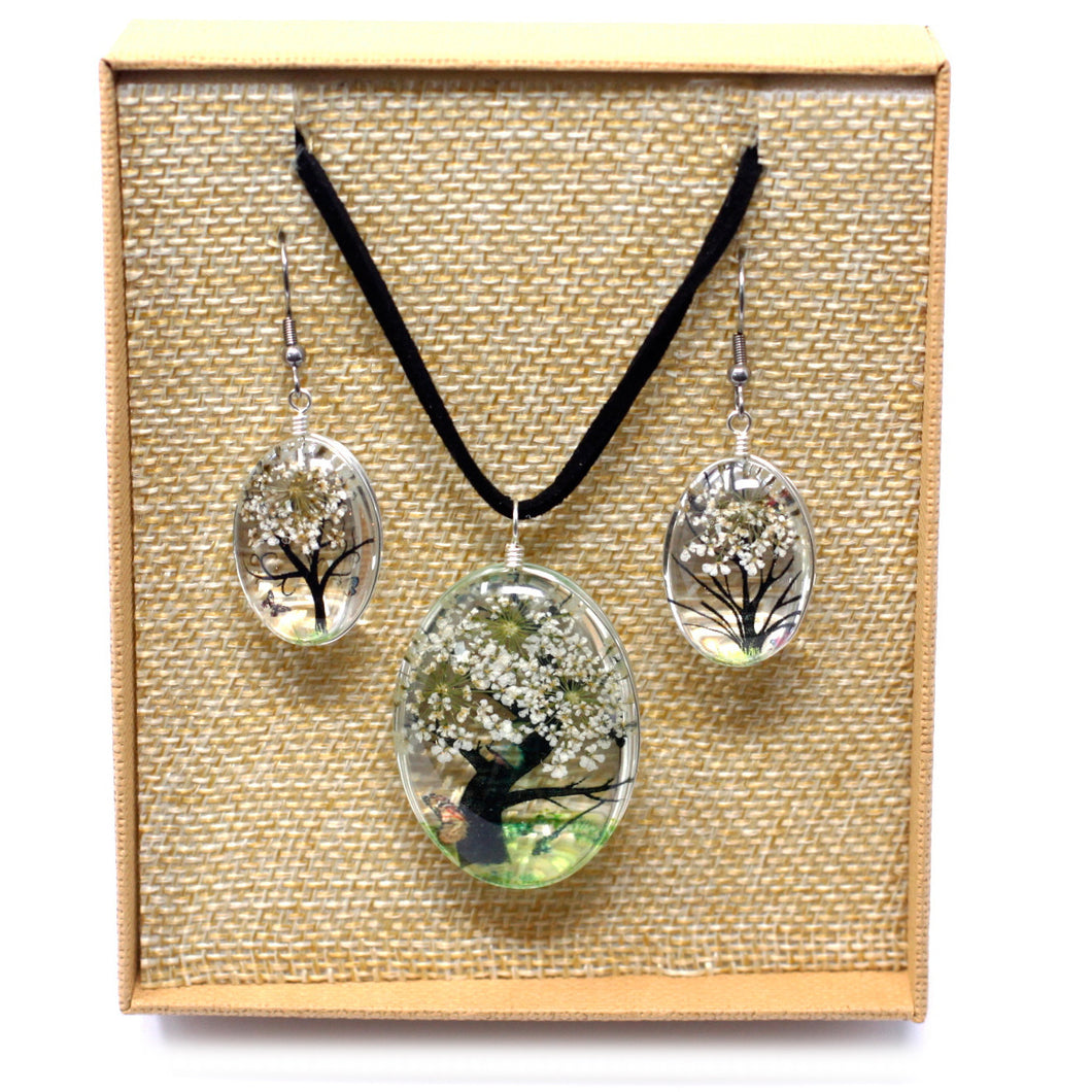 Pressed Flowers Tree of Life Pendant and Earrings Set WHITE
