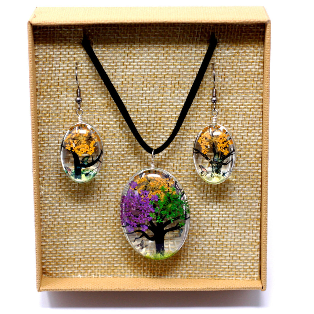 Tree of Life Pressed Flower Pendant and Earrings Set MIXED COLORS