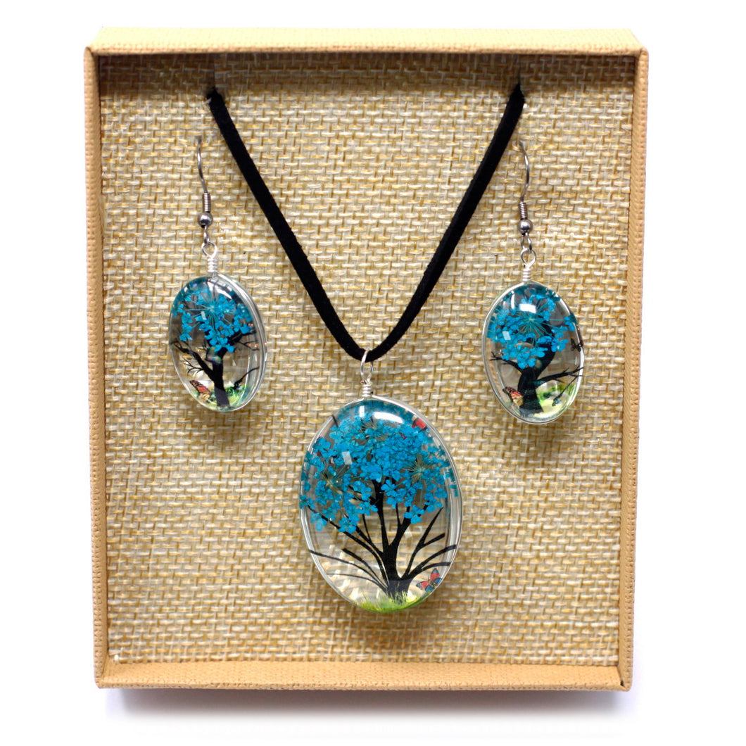 Tree of Life Pressed Flowers Pendant and Earrings Set BLUE GREEN