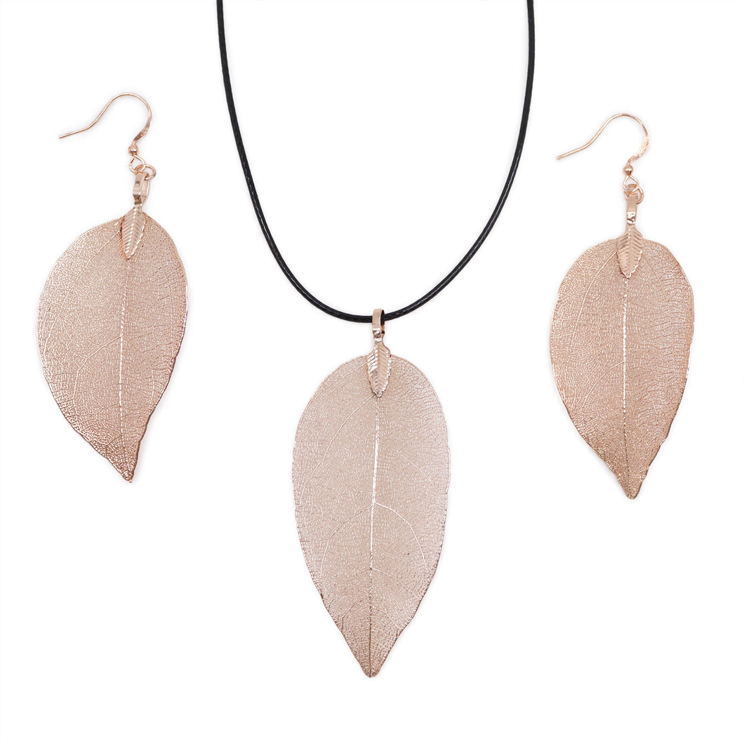 Rose Gold Leaf of Value Pendant and Earrings Set