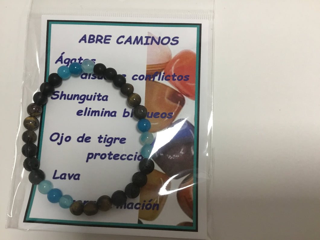 Pulsera ABRECAMINOS Agata, Shunguita y Ojo de tigre 6 mm