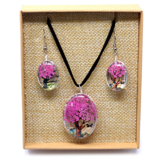BRIGHT PINK Tree of Life Pressed Flower Pendant and Earrings Set