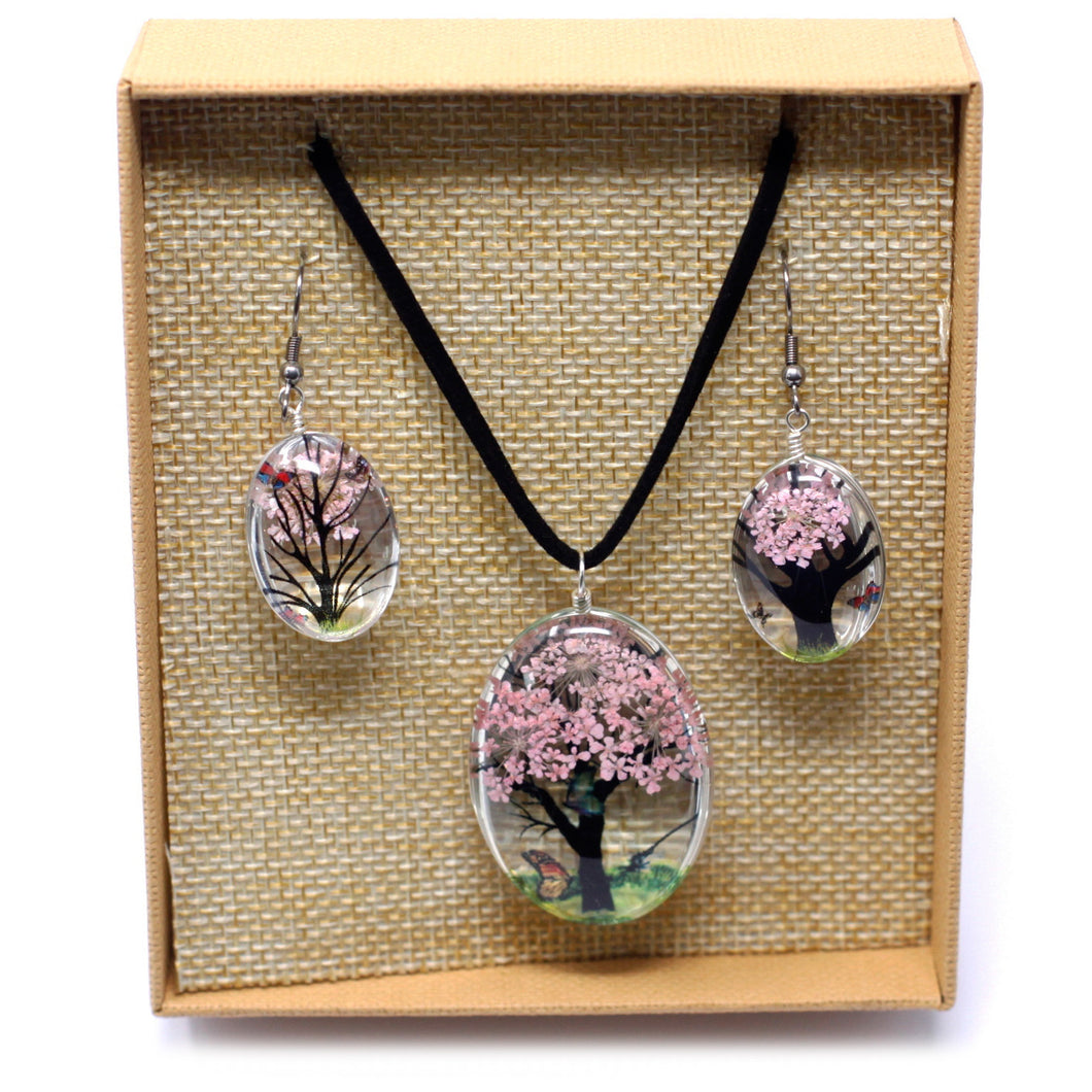 PINK Tree of Life Pressed Flower Earrings Pendant Set