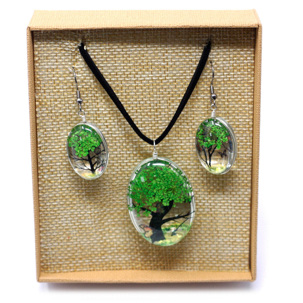 Pressed Flowers Tree of Life Pendant and Earrings Set GREEN